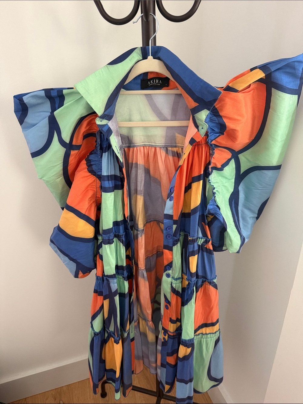 AKIRA Multicolor Abstract Print Midi Dress in Orange, Blue, Mint
